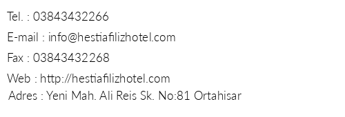 Hestia Filiz Hotel telefon numaralar, faks, e-mail, posta adresi ve iletiim bilgileri